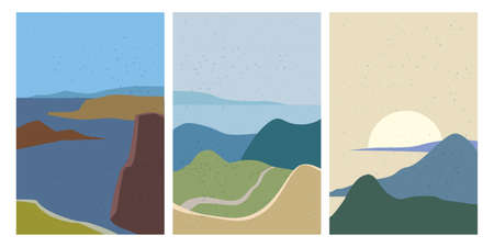 Set Landscapes Abstract Modern Contemporary background sunset sea ocean. Mountains, hills, waves shapes. Vector illustration trendy art flat minimalist style template banner poster decorのイラスト素材