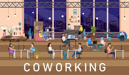 Coworking Space Office Interior People Talking And Working At The Computers In Modern Co-working Creative Workplace Open Space At Night. Vector Illustrationのイラスト素材