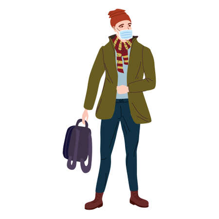 Young man student in modern autumn trendy clothes. In medical mask, individual protection from viruses, smog, vapor. Fashion casual outerwear street style character. Flat cartoon style vector isolatedのイラスト素材