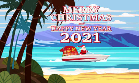 Merry Christmas Santa Claus on speed boat on ocean sea tropical island palms mountains seaside delivering shipping giftsのイラスト素材