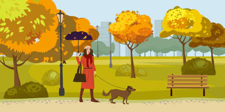 Autumn Park Young woman walks with dog, yellow orange red foliage trees, walkway bench. Fall mood outdoor cityscape. Vector isolated illustration isolatedのイラスト素材