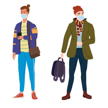 Set Young mans students in modern autumn trendy clothes. In medical mask, individual protection from viruses, smog, vapor. Fashion casual outerwear street style character. Flat cartoon style vector isolatedのイラスト素材