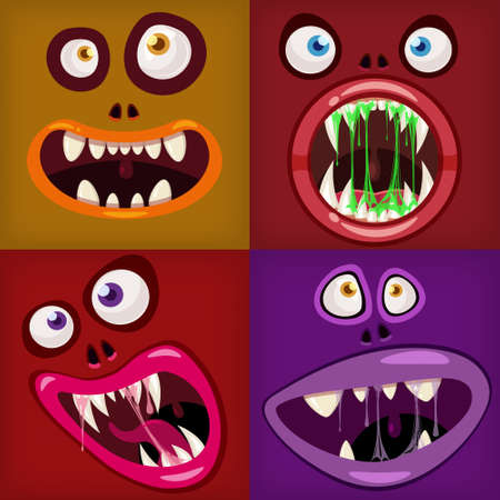 Set Monsters mouths creepy and scary Halloween. Funny jaws teeths tongue creatures expression monster horror drool slime. Vector isolated illustration cartoon styleのイラスト素材