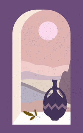Open old window with landscape absctract view and stillife, vase, friut. Mountains sea and ocean. Minimal modern boho trendy style. Vector illustration flat isolatedのイラスト素材