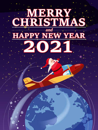Santa Claus Van with text Merry Chrismas and Happy New Year 2021 flying in plane delivering shipping giftsのイラスト素材