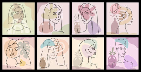 Set Womans line portrate in modern minimalist style trendy. Abstract shape pastel warm colors,flowers, vase. Editable outlineのイラスト素材