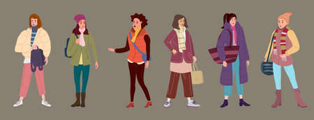 Set Young womans in trendy autumn clothes street fashionable style outwear female. Trendy vector style isolatedのイラスト素材