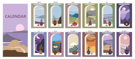 Calendar minimalistic window view landscape natural backgrounds of four seasons. Winter wonderland, Fresh on Spring, Hot sunny day on Summer, Autumn with leaves falling. Set Minimal modern boho trendy style. Vector illustrationのイラスト素材