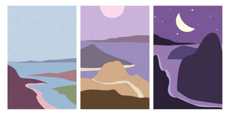Set Landscapes Abstract Modern Contemporary background sunset sea ocean. Mountains, hills, waves shapes. Vector illustration trendy art flat minimalist style template banner poster decorのイラスト素材