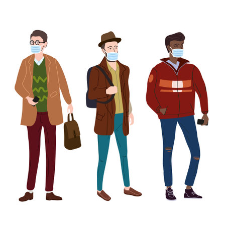 Set Young mans students in modern autumn trendy clothes. In medical mask, individual protection from viruses, smog, vapor. Fashion casual outerwear street style character. Flat cartoon style vector isolatedのイラスト素材