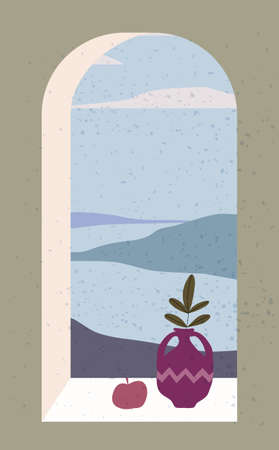 Open old window with landscape absctract view and stillife, vase, friut. Mountains sea and ocean. Minimal modern boho trendy style. Vector illustration flat isolatedのイラスト素材