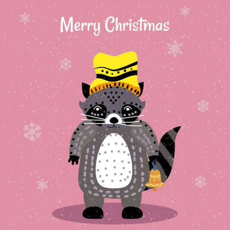 Merry Christmas Cute Raccoon with hat and toy card. Hand drawn character illustration vector isolated poster bannerのイラスト素材