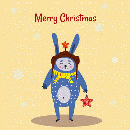 Merry Christmas Cute Hare with scarf, hat and toy card. Hand drawn character illustration vector isolated poster bannerのイラスト素材