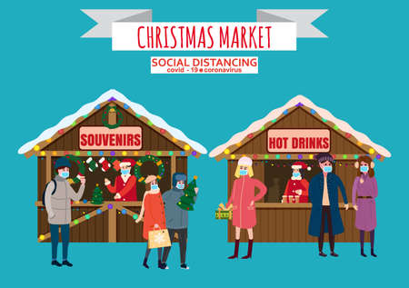 Christmas Market holiday fairs or festive on city square. In conditions of the COVID 2019 pandemic sellers in medical masks, Social distancing.のイラスト素材