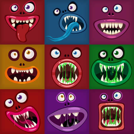 Set Monsters mouths creepy and scary Halloween. Funny jaws teeths tongue creatures expression monster horror drool slime. Vector isolated illustration cartoon styleのイラスト素材