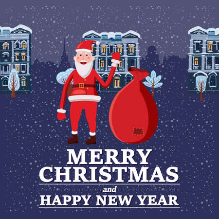 Merry Christmas and Happy New Year holiday Santa Claus carrying sack full of gifts, background night city. Vector illustration isolatedのイラスト素材