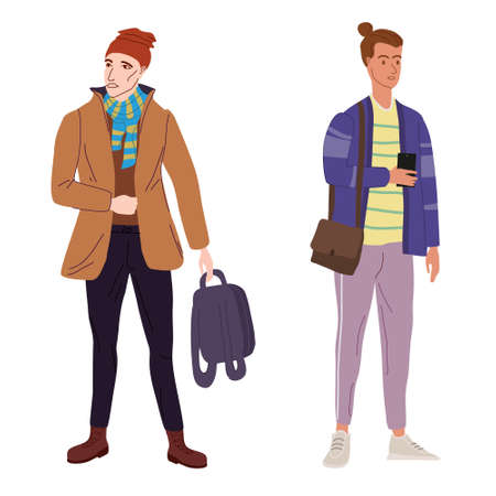 Couple Young mans students in modern autumn trendy clothes. Fashion casual outerwear street style characters. Flat cartoon style vector isolated illustrationのイラスト素材