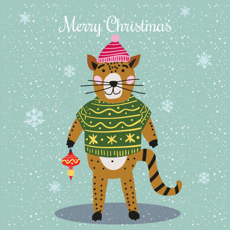 Merry Christmas Cute Bear with sweater, hat and toy card. Hand drawn character illustration vector isolated poster bannerのイラスト素材