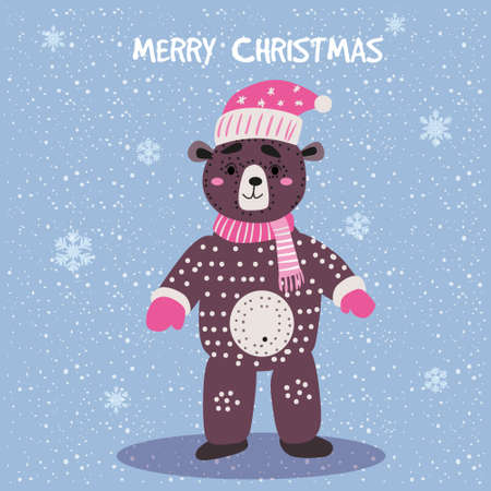 Merry Christmas Cute Bear with scarf, hat and toy card. Hand drawn character illustration vector isolated poster bannerのイラスト素材