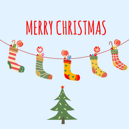 Christmas socks with candy hanging, with different design. Traditional vintage decoration snowflakes background, baner, illustration, vector, card, poster, bannerのイラスト素材