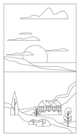 Seaside view sunset sea ocean, building. Mountains, hills, beach sketch doodle line art style. Vectro illustration isolatedのイラスト素材
