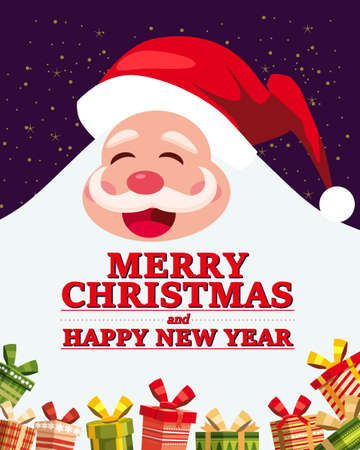 Santa Claus big and funny smiling with gifts boxes. Greeting card Merry Christmas and Happy New Year poster banner vector illustration isolated cartoon styleのイラスト素材