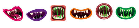 Set Monsters mouths creepy and scary. Funny jaws teeths tongue creatures expression monster horror saliva slime. Vector isolated illustration cartoon styleのイラスト素材