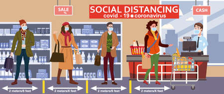Supermarket social distancing store counter cashier and buyers in medical masks, with cart and basket of food. Quarantine coronavirus 2019-nCoV 2 wave in the store epidemic precautions. Cartoon style vector illustrationのイラスト素材