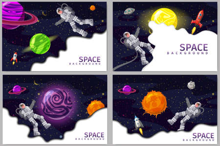 Set Space card backgrounds with spaceman, rocket, UFO, sun, stars. Austronaut panoramic space templates. Banners, vector, isolated cartoon flat styleの写真素材