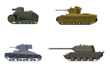 Set Tank American German Britain French World War 2. Military army machine war, weapon, battle symbol silhouette side view icon. Vector illustration isolatedのイラスト素材