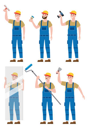 Set Construction workers with cordless screwdriver, glass sheet, brush, rollerbrush, plastering trowel tools in workwear. Craftsman character vector isolatedのイラスト素材