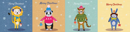 Christmas Animals Card Set cute cat, lion, pand, rabbit. Hand drawn collection characters illustration vector isolatedのイラスト素材