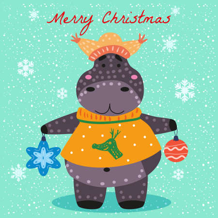 Merry Christmas Hyppo cute with hat, sweater and toys, card. Hand drawn character illustration vector isolated poster bannerのイラスト素材