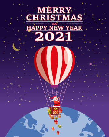 Santa Claus Van with text Merry Chrismas and Happy New Year 2021 flying in flying in a hot air balloon delivering shipping gifts on night winter Earthのイラスト素材