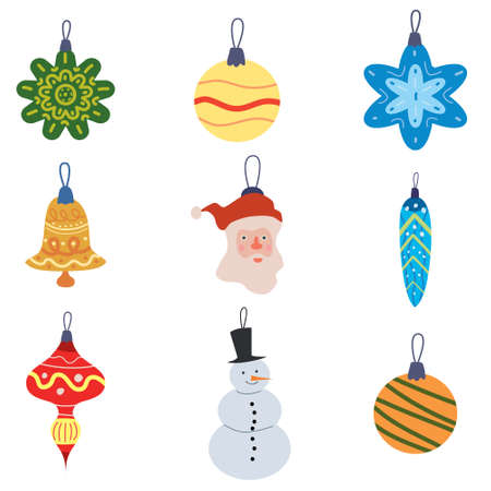 Set Christmas Retro Toys balls decorative elements. Xmas collection vintage elements baubles. Vector illustration accessories for poster banner cardのイラスト素材