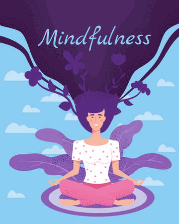 Mindfullness yoga meditation woman sit in the lotus position meditate. Mental calmness and self consciousness concept. Vector illustration isolatedのイラスト素材