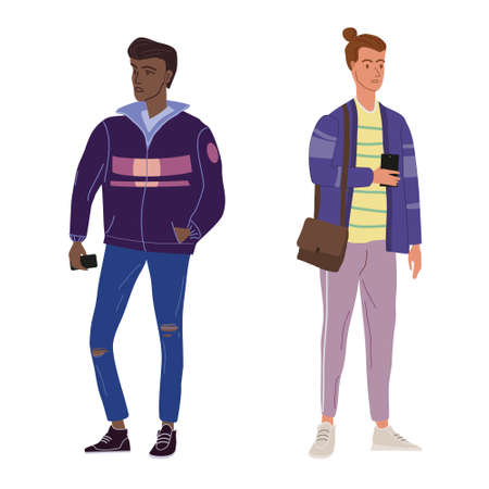 Couple Young mans students in modern autumn trendy clothes. Fashion casual outerwear street style characters. Flat cartoon style vector isolated illustrationのイラスト素材