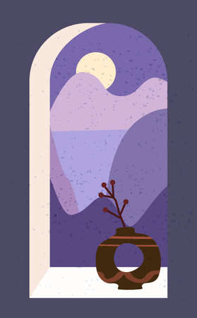 Open old window with landscape absctract view and stillife, vase, friut. Mountains sea and ocean. Minimal modern boho trendy style. Vector illustration flat isolatedのイラスト素材