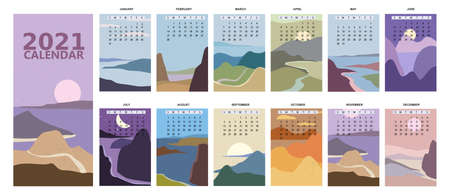 2021 Calendar minimalistic window view landscape natural backgrounds of four seasons. Winter wonderland, Fresh on Spring, Hot sunny day on Summer, Autumn with leaves falling. Set Minimal modern boho trendy style. Vector illustrationのイラスト素材