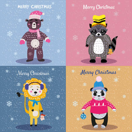 Christmas Animals Card Set cute bear, lion, panda, raccoon. Hand drawn collection characters illustration vector isolatedのイラスト素材