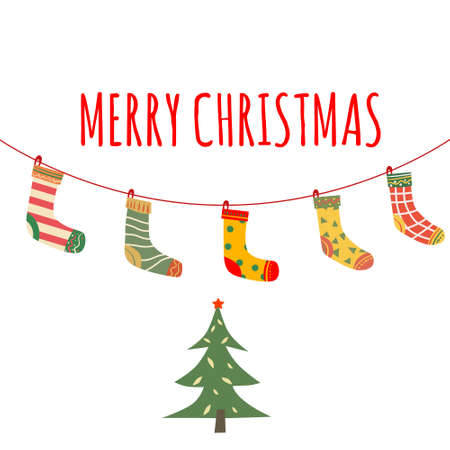 Christmas socks hanging, with different design. Traditional vintage decoration snowflakes background, baner, illustration, vector, card, poster, bannerのイラスト素材