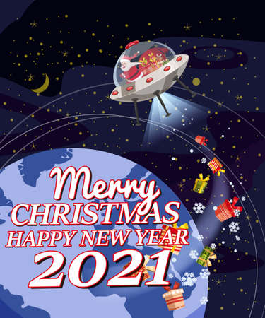 Santa Claus Van with text Merry Chrismas and Happy New Year 2021 flying in UFO spaceship flying saucer delivering shipping giftsのイラスト素材