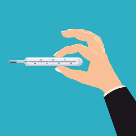 Hand hold MercuryThermometer medicine. Template banner vector illustration isolated cartoon flat styleのイラスト素材