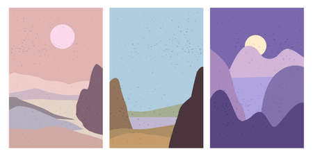 Set Landscapes Abstract Modern Contemporary background sunset sea ocean. Mountains, hills, waves shapes. Vector illustration trendy art flat minimalist style template banner poster decorのイラスト素材