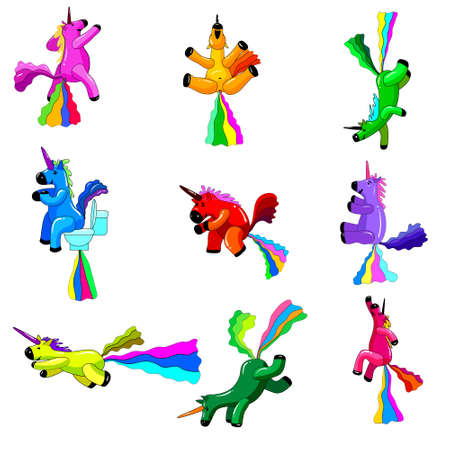 Set Unicorns smiling pooping a rainbow, fantasy cute character beast multicolored shit turd. Vector illustration isolated cartoon styleのイラスト素材