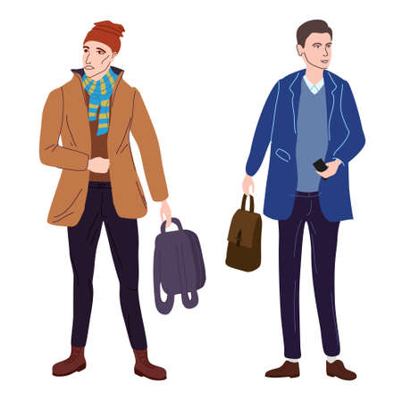 Couple Young mans students in modern autumn trendy clothes. Fashion casual outerwear street style characters. Flat cartoon style vector isolated illustrationのイラスト素材