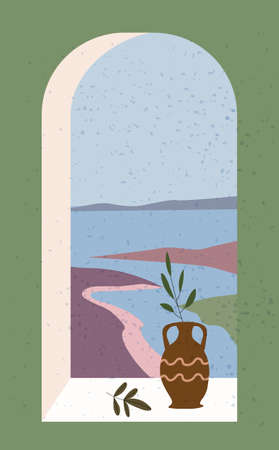 Open old window with landscape absctract view and stillife, vase, friut. Mountains sea and ocean. Minimal modern boho trendy style. Vector illustration flat isolatedのイラスト素材