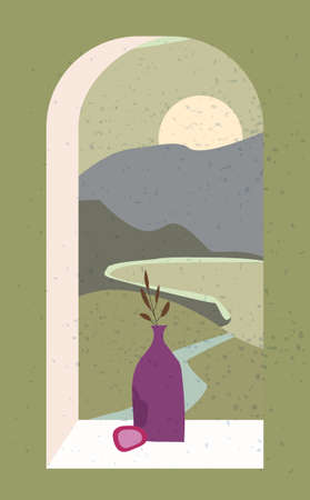 Open old window with landscape absctract view and stillife, vase, friut. Mountains sea and ocean. Minimal modern boho trendy style. Vector illustration flat isolatedのイラスト素材