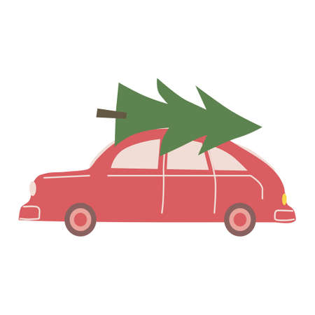 Retro Toy Car with christmas tree Vector isolated vintage illustration trendy flat cartoon styleのイラスト素材