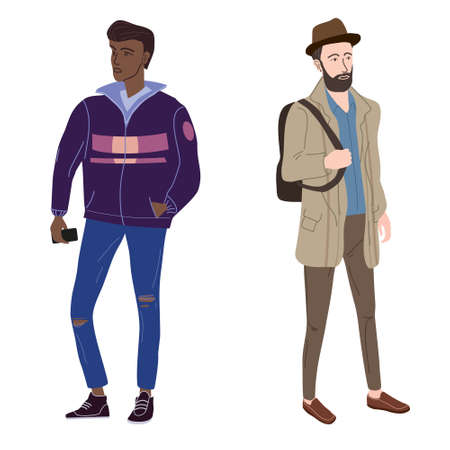 Couple Young mans students black and white in modern autumn trendy clothes. Fashion casual outerwear street style characters. Flat cartoon style vector isolated illustrationのイラスト素材
